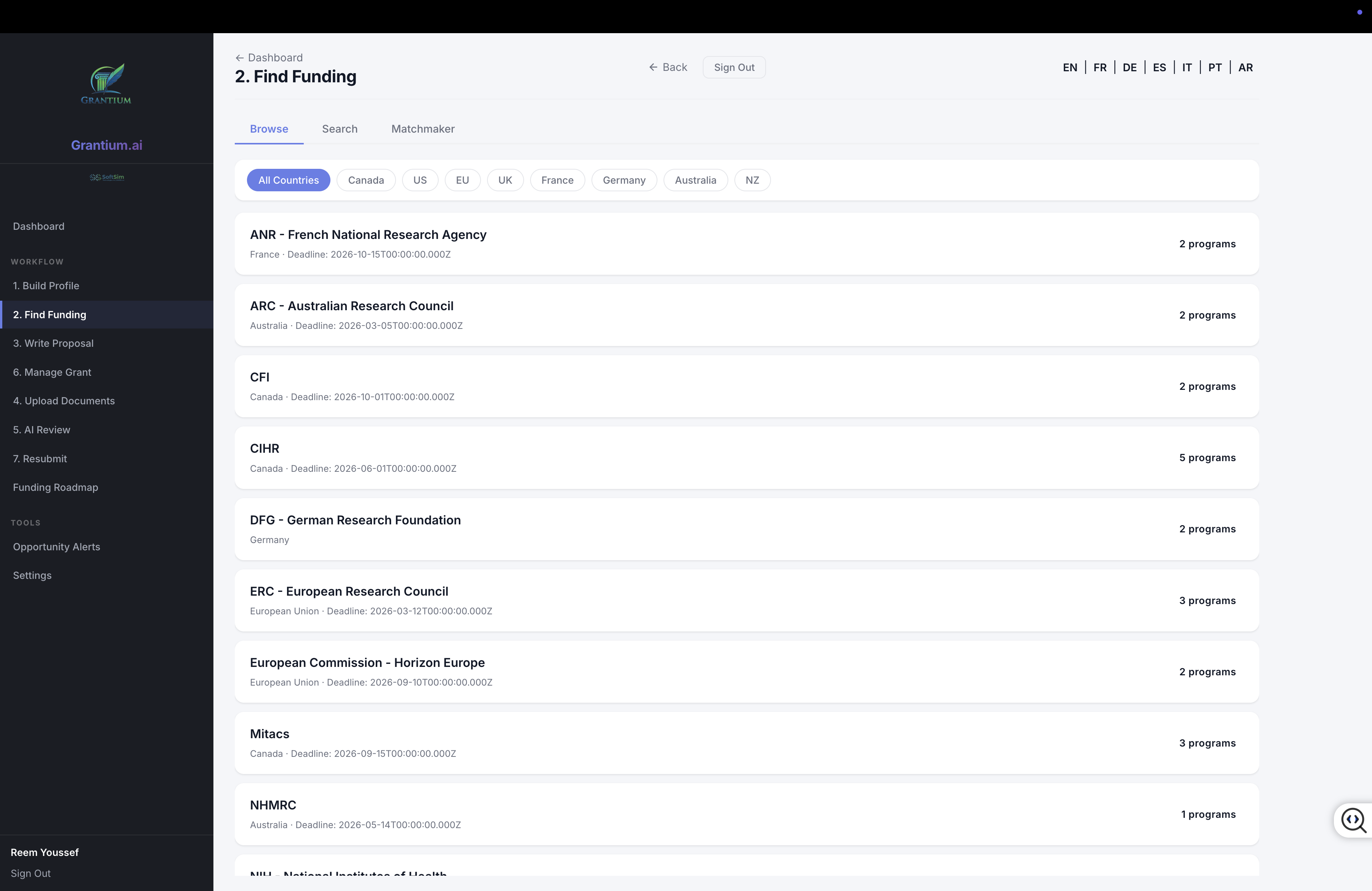 Find Funding - Browse Tab